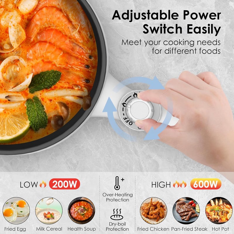 Audecook Hot Pot Electric, 1.7L Mini Electric Skillet Portable Nonstick Sauté Pan with Power Adjustment, Ramen Cooker Travel Multicooker for Steak/Soup/Egg/Oatmeal/Noodles (Tongs for Cooking Included) - Image 3